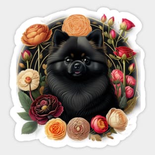 Black Pomeranian In Flower Frame Sticker